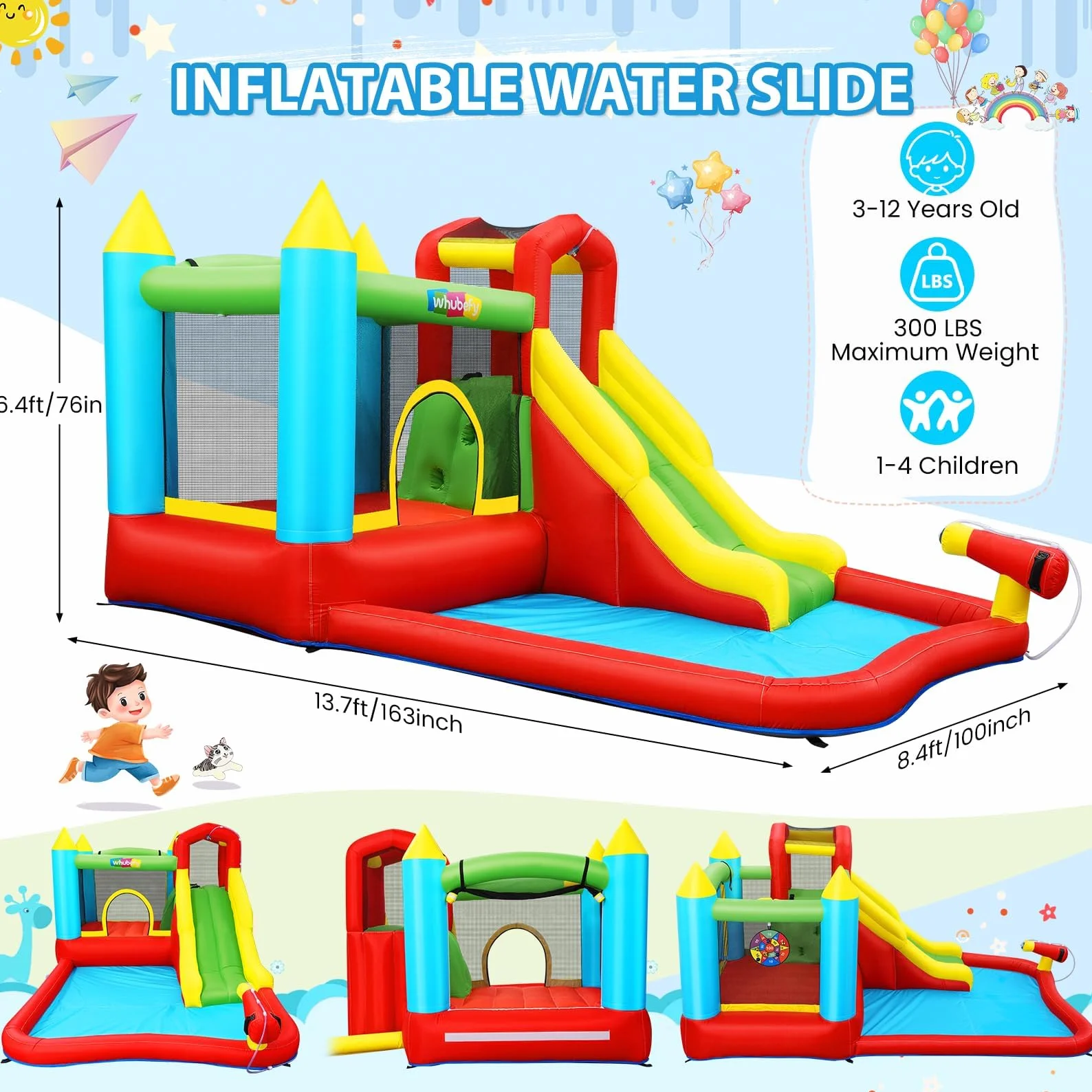 Aufblasbare Wasserrutsche Hüpfburg für Kinder, 2-in-1 Verbindbares Aufblasbares Trampolinburg-Set, Tolles Geschenk für die Gartenparty im Wasserpark, inklusive Gebläse (Verbindbare A)