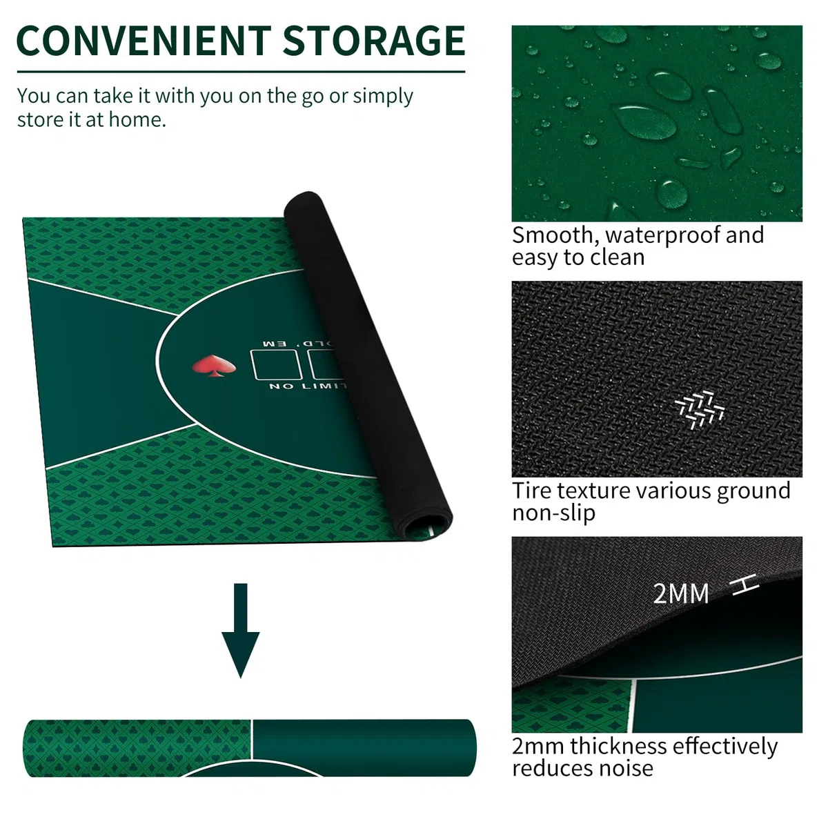 LaiEr 60/80/100/120/140/160cm Quadratische Poker Matte Texas Hold'em Poker Gummimatte Poker Topper für Tische Faltbare Tragbare Poker Tischplatte Layoutw für Poker Spiele Blackjack Casino(100 * 100cm)