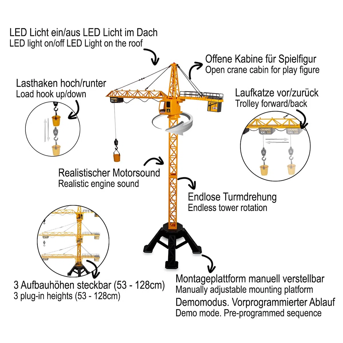 JAMARA 406320 Turmdrehkran Crane XXL 128 2,4GHz - Kinder Spielzeug Ferngesteuert, Fernbedienung Rc Toy, Kran für Baustelle Remote Control, Geschenk für Kinder, Metallhaken
