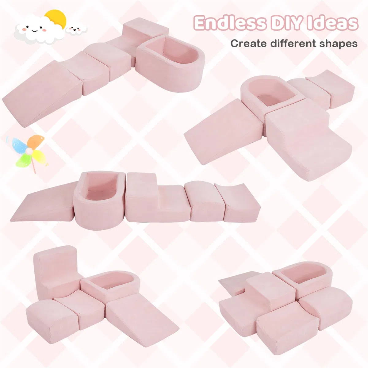 FANTASK 5-teilige Schaumstoffbausteine XXL, Riesen Kletterblöcke mit Bällebad, Großbausteine zum Toben & Klettern, Soft Spielbausteine für Zuhause, Kinderzimmer & Spielzimmer (Rosa, Cordstoff)