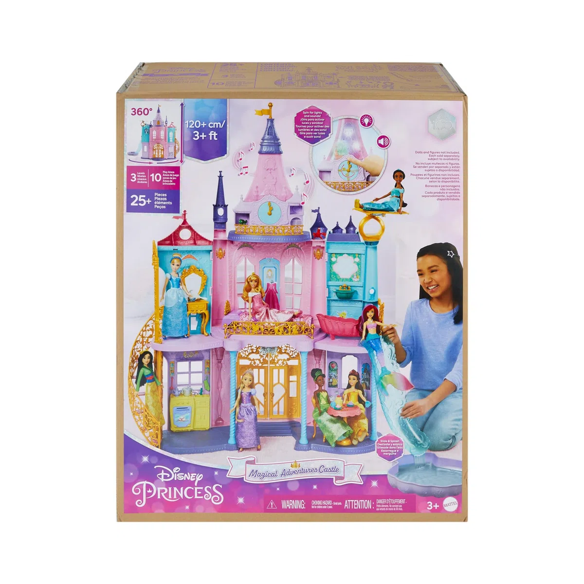 Mattel Disney Prinzessin Puppenhaus, Magisches Schloss, 3 Etagen, 10 Spielbereiche, mit Licht und Geräuscheffekten, inkl. 28 Zubehörteilen, Disney Geschenke, Spielzeug ab 3 Jahre, HLW29