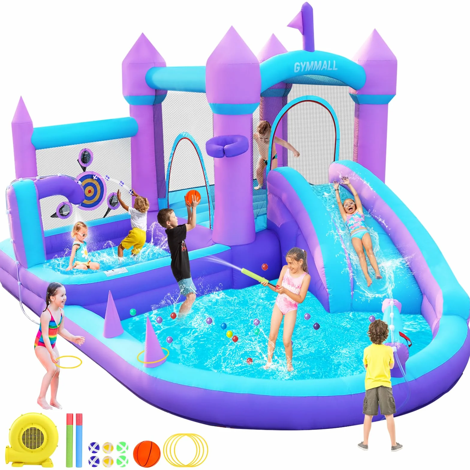 Aufblasbare Hüpfburg für Kinder von 3-8 Jahren, Lila Traumhaus mit Wasserrutsche und 480W Gebläse, Große Hüpfburg mit Sprungfläche, Bällebad, Pool, Ringwurf und Basketballkörben