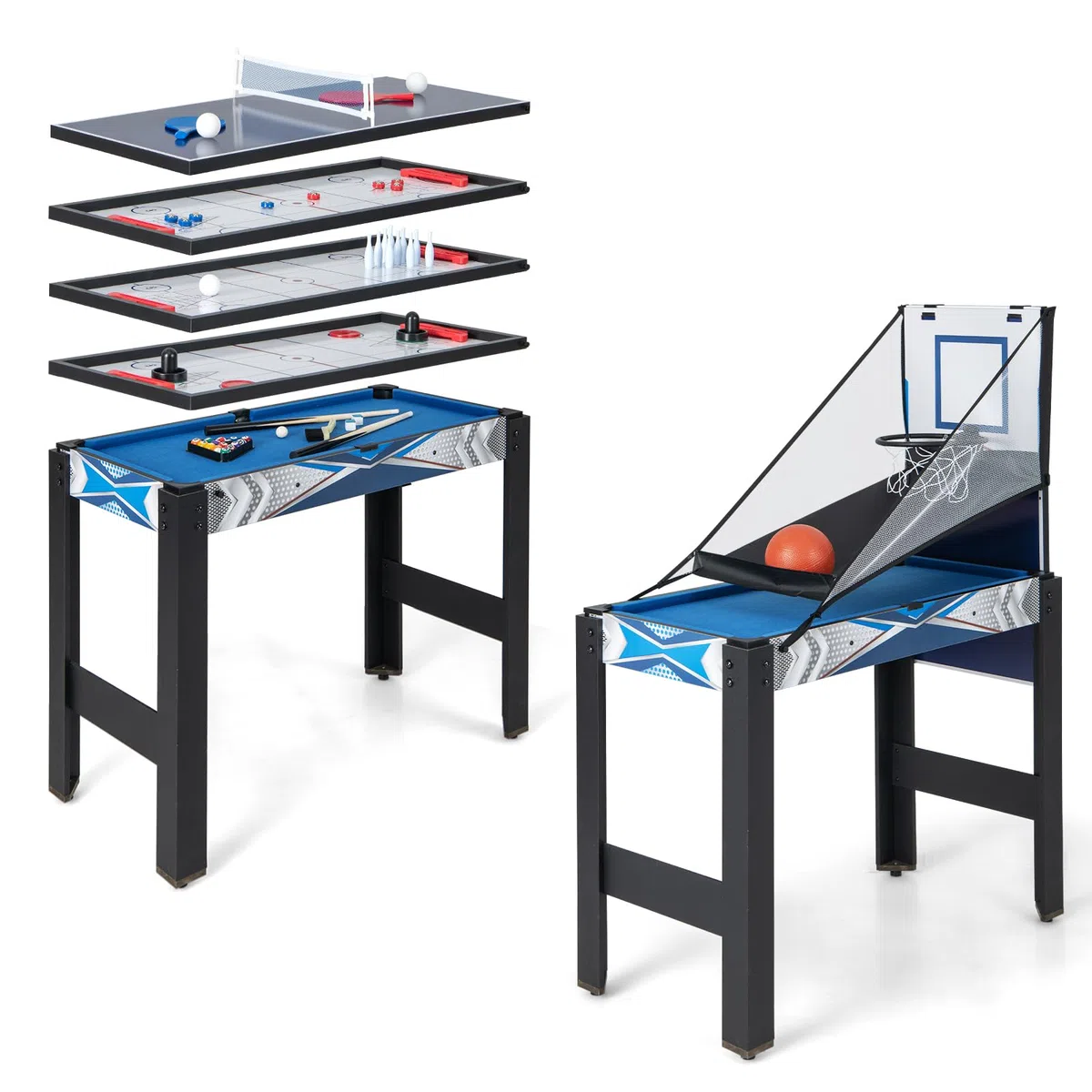 GOPLUS 6 in 1 Kombi Spieltisch, Multigame kickertisch mit Basketball, Billard, Pingpong, Hockey, Shuffleboard & Bowling für Zuhause, Kneipe & Büros, Sportspiel-Set für Kinder und Erwachsene