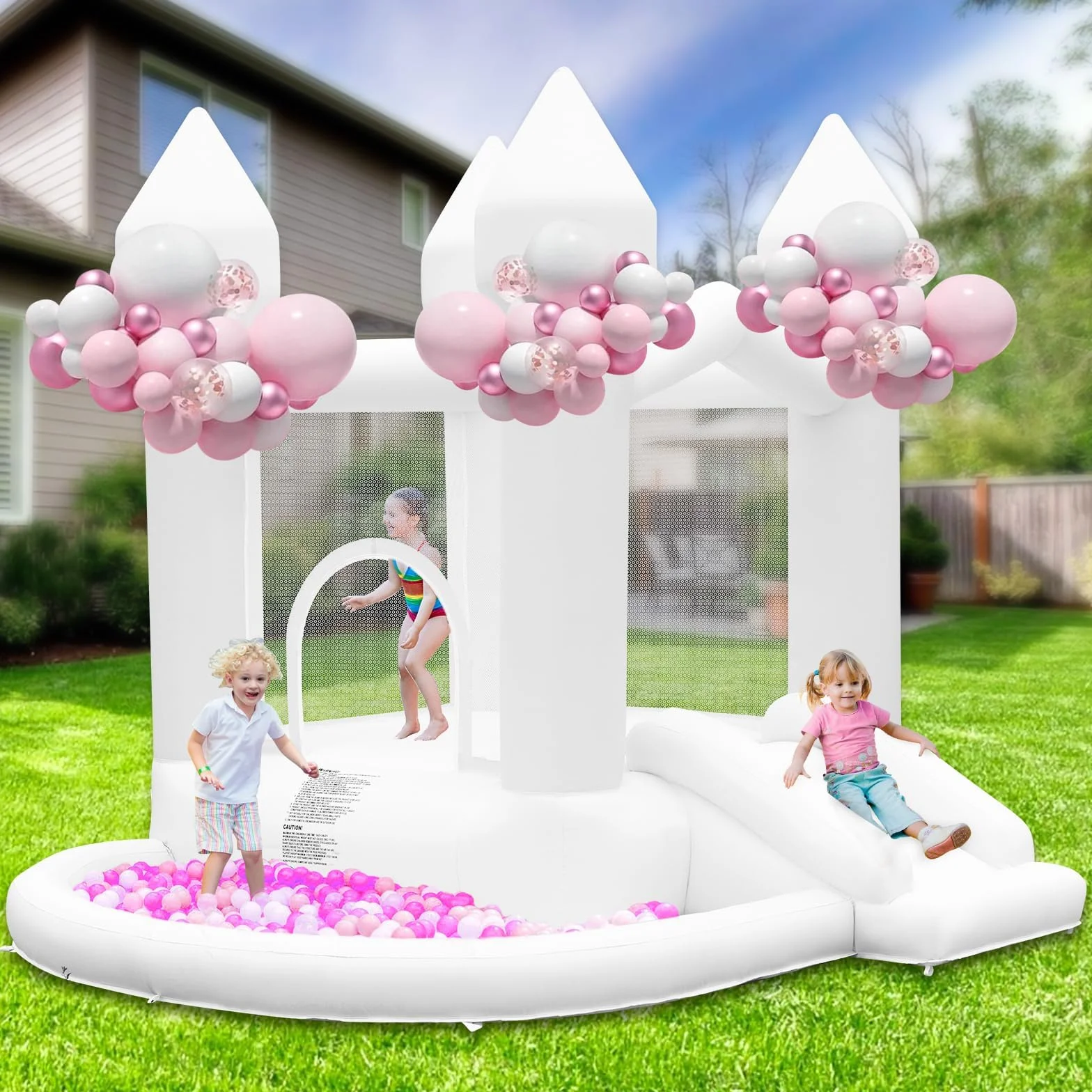 FBSPORT Weiß Hüpfburg Kinder mit Gebläse, Indoor & Outdoor Hüpfburgen mit Rutsche, Großer Ball Pit, Bounce House für Garten, Hochzeitsparty, Kindergeburtstag, Party, Geschenke