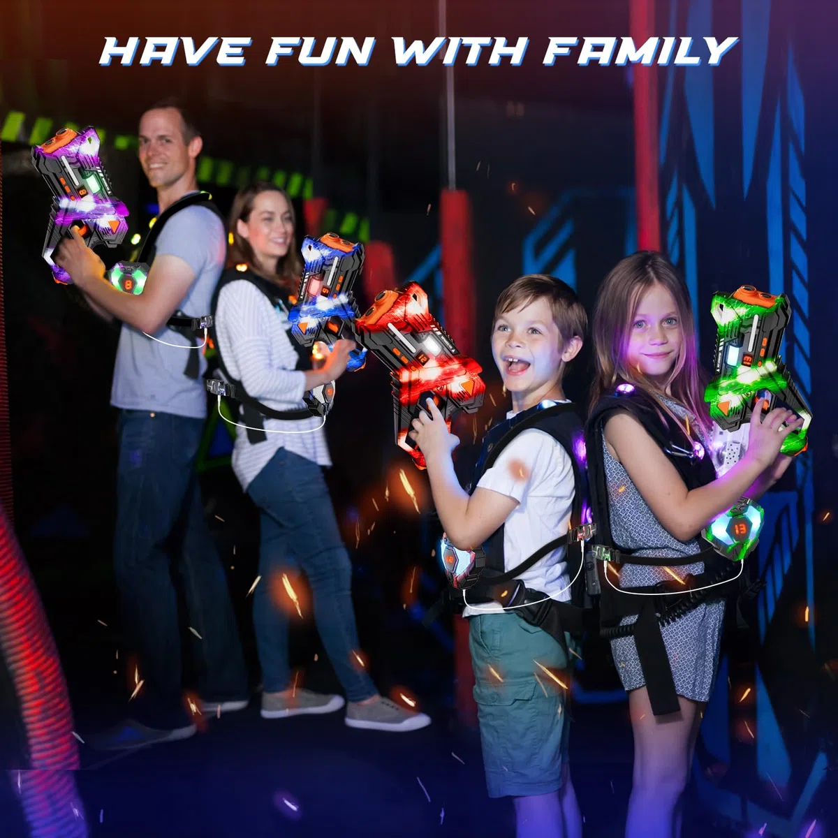 Wiederaufladbare Laser Tag 360° Kämpfen - 2.4GHz Data SYNC Display Laser Tag mit Weste und Rücken Ziel 4 Spieler,Infrarot Laser Tag Spiel für drinnen und draußen für Kinder Teen Alter 6-12+ Jahre alt