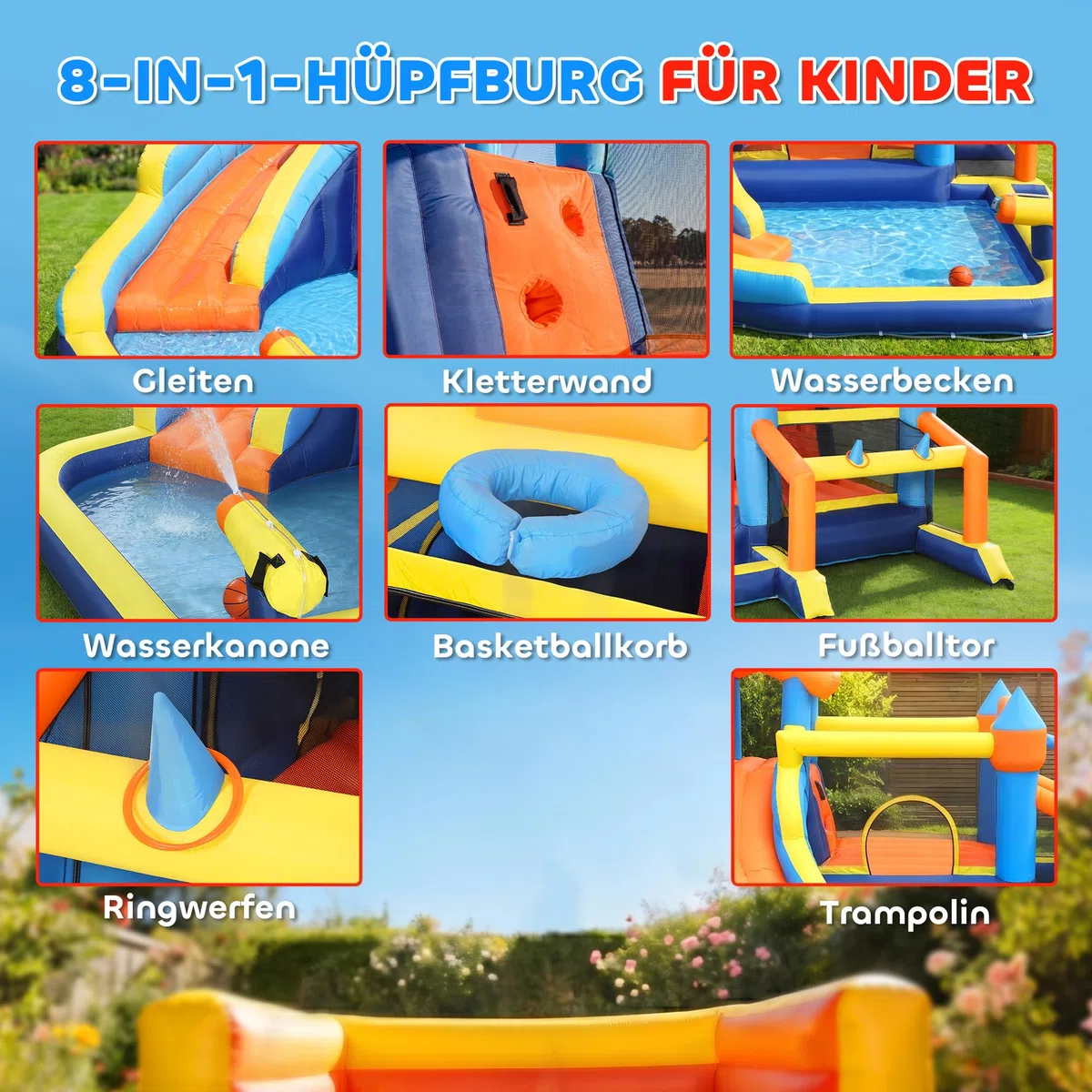 AIYAPLAY Hüpfburg mit Gebläse 8-in-1 aufblasbare Wasserpark mit Wasserrutsche Planschbecken Trampolin Kletterwand Basketballkorb Springburg für 4 Kinder von 3–8 Jahren für Indoor Outdoor 350x325x210cm