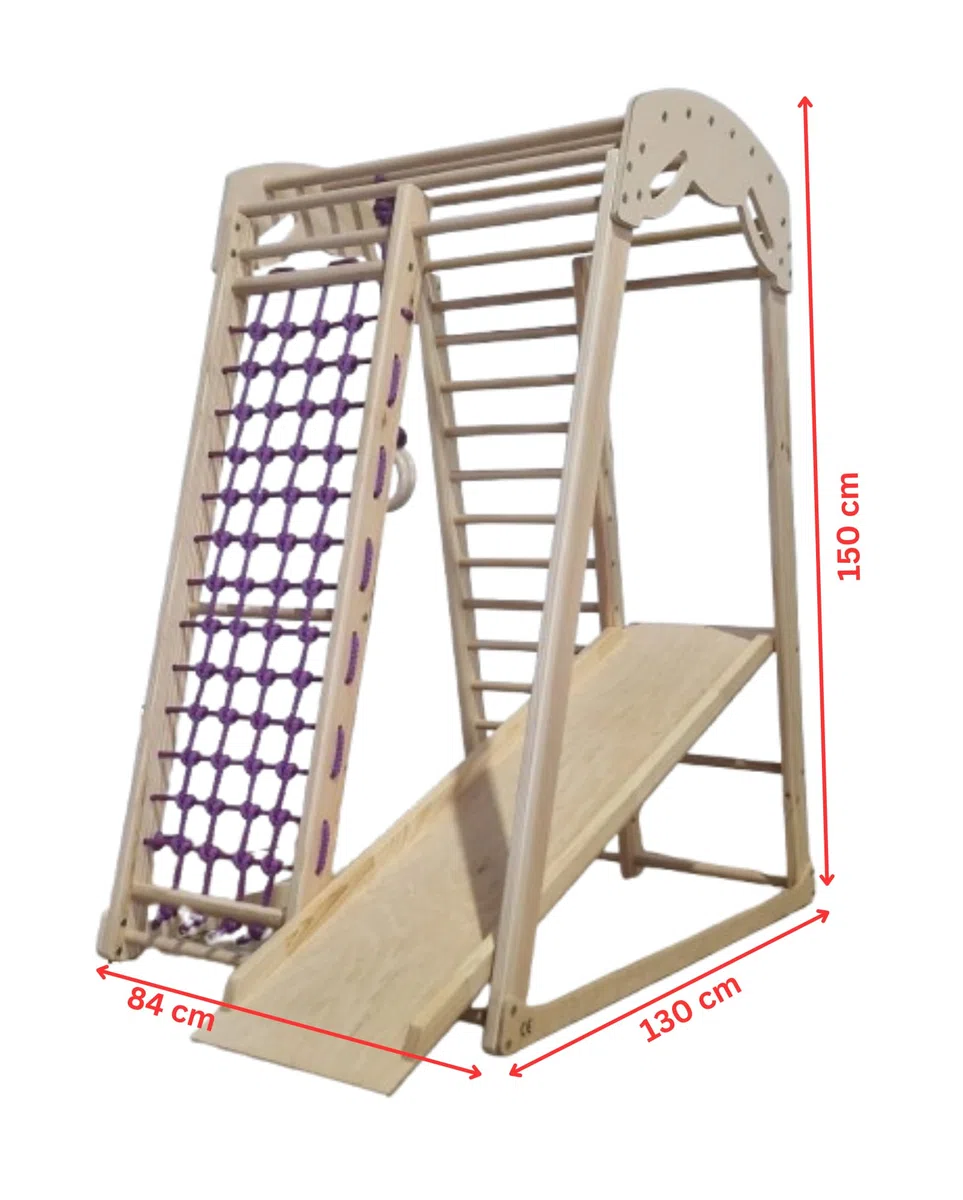 Kinder zu Hause aus Holz Spielplatz mit Rutschbahn ˝Junior-Lak˝ Kletternetz Ringe Kletterwand