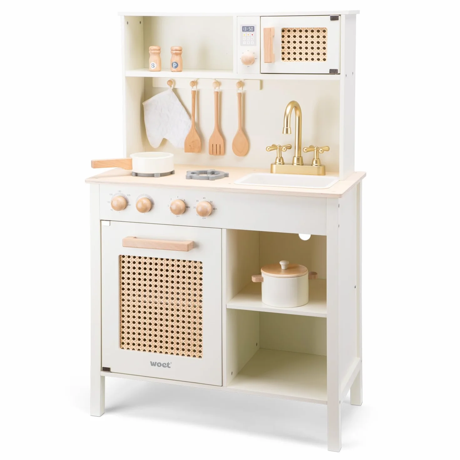 Woet Holzspielzeug Spielküche für Kinder Off-White mit Küchenzubehör Rattan-Details ab 3 Jahren