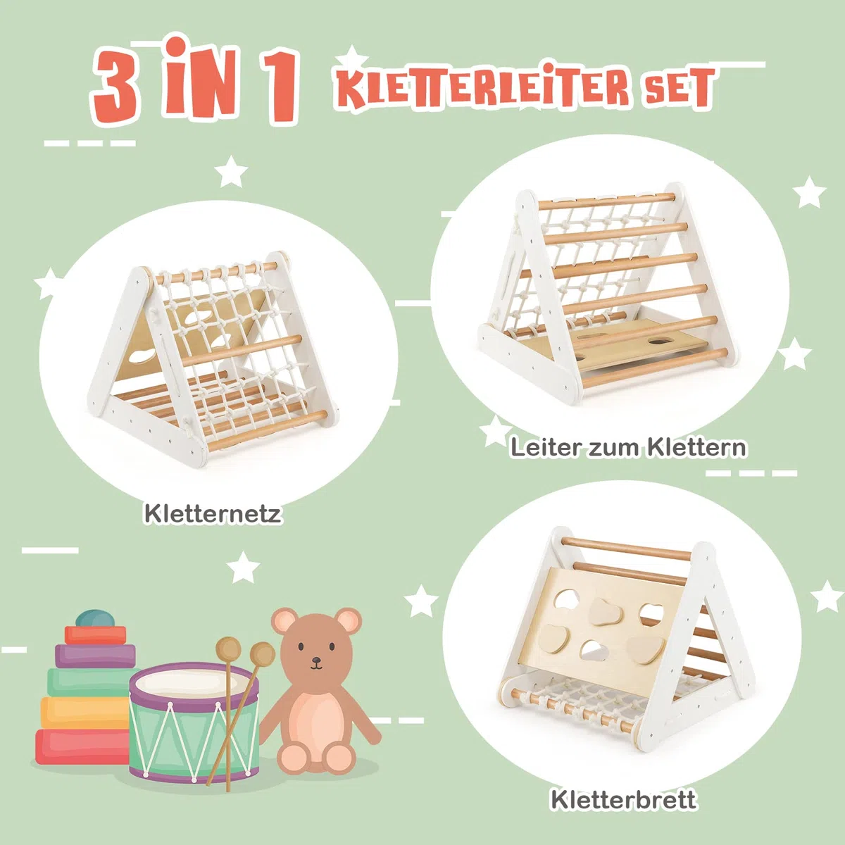COSTWAY 4 in 1 Kletterdreieck mit Rutsche, Klettergerüst aus Holz, Sprossendreieck zum Rutschen und Klettern, für Kinder ab 1 Jahre (Weiß+Natur)