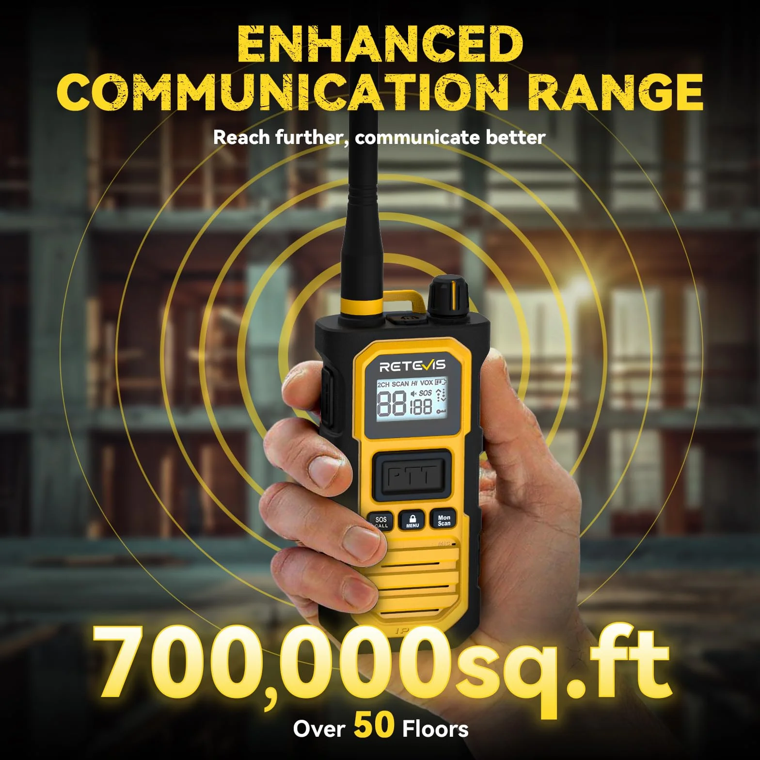 Retevis RB648 Pro Robustes Walkie Talkies, IP67 Wasserdicht, Hohe Leistung 2800 mAh, Gruppenruf, VOX, Intelligentes Audio, Handfunkgeräte mit großer reichweite für Baustellen (4 Stück, Gelb)