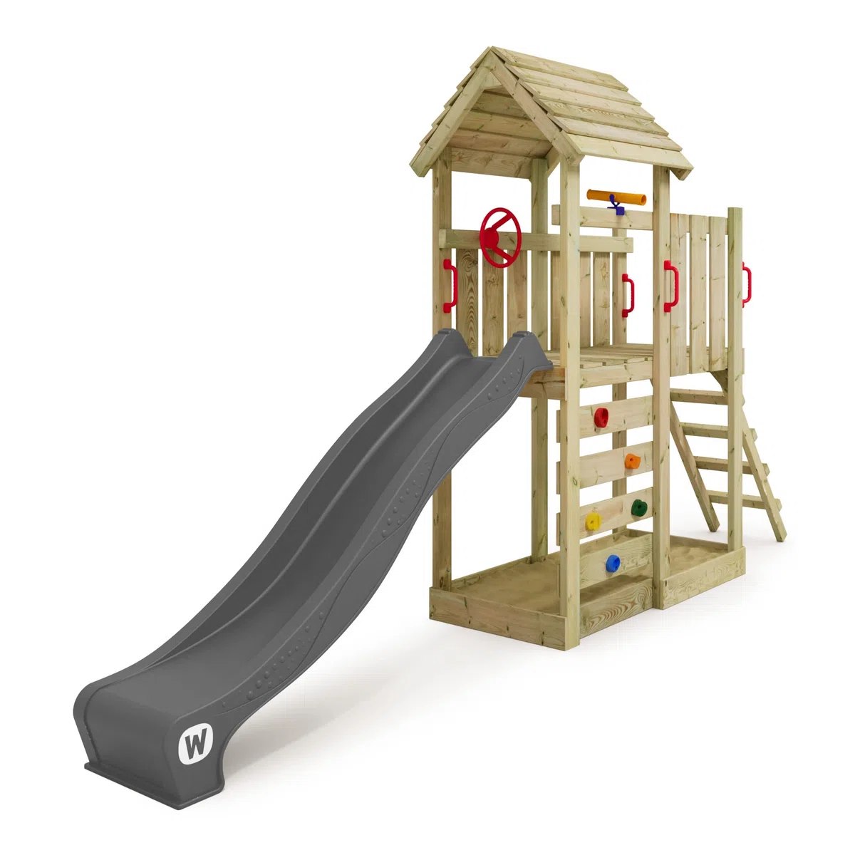 WICKEY Spielturm Klettergerüst JoyFlyer mit Holzdach & anthraziter Rutsche, Outdoor Kinder Kletterturm mit Sandkasten, Leiter & Spiel-Zubehör für den Garten