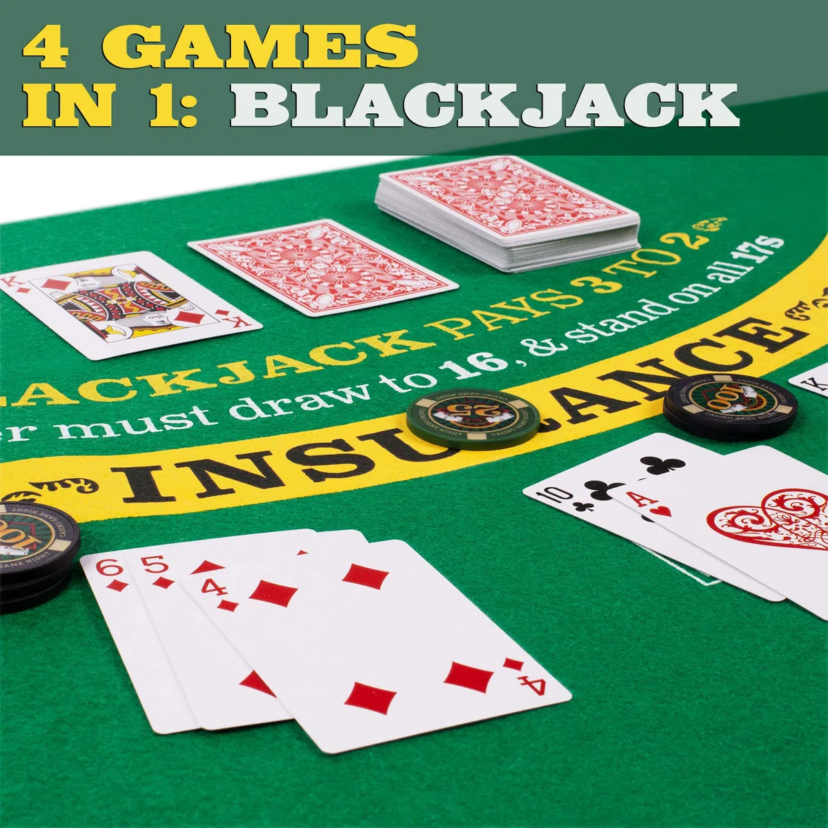 Brybelly Casino Night 4-in-1 Komplettes Spielset mit Filz, Rad, 100 Chips, Würfel & Karten für Blackjack, Craps, Roulette & Texas Hold'em - Grüner Filz Doppelseitige Casino Tischplatte Gamingmatte