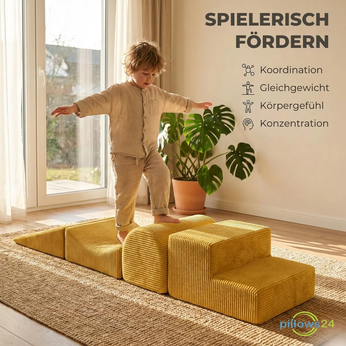 Schaumstoff Bausteine Kinder aus Cord | 4-teiliges Softbausteine Set zum Spielen & Klettern Baby | Schaumstoffbausteine XXL für Motorik & Bewegung | Dunkelgrau