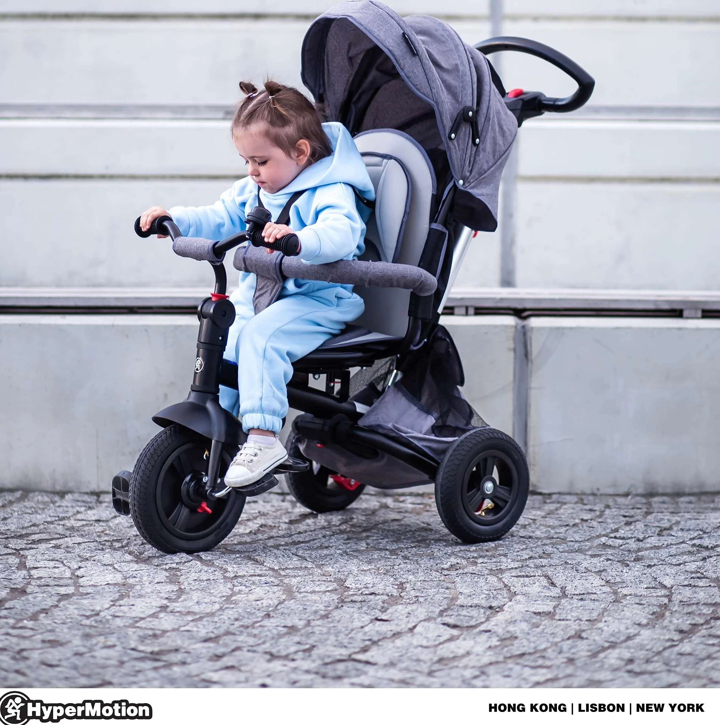 HyperMotion Tobi Velar Dreirad Kinder ab 1 Jahr mit Schubstange - Drehbarer Komfortsitz, Faltbar, Sicherheitsgurte, Gepumpte Räder, Regenmantel & Elterngriff - Grau
