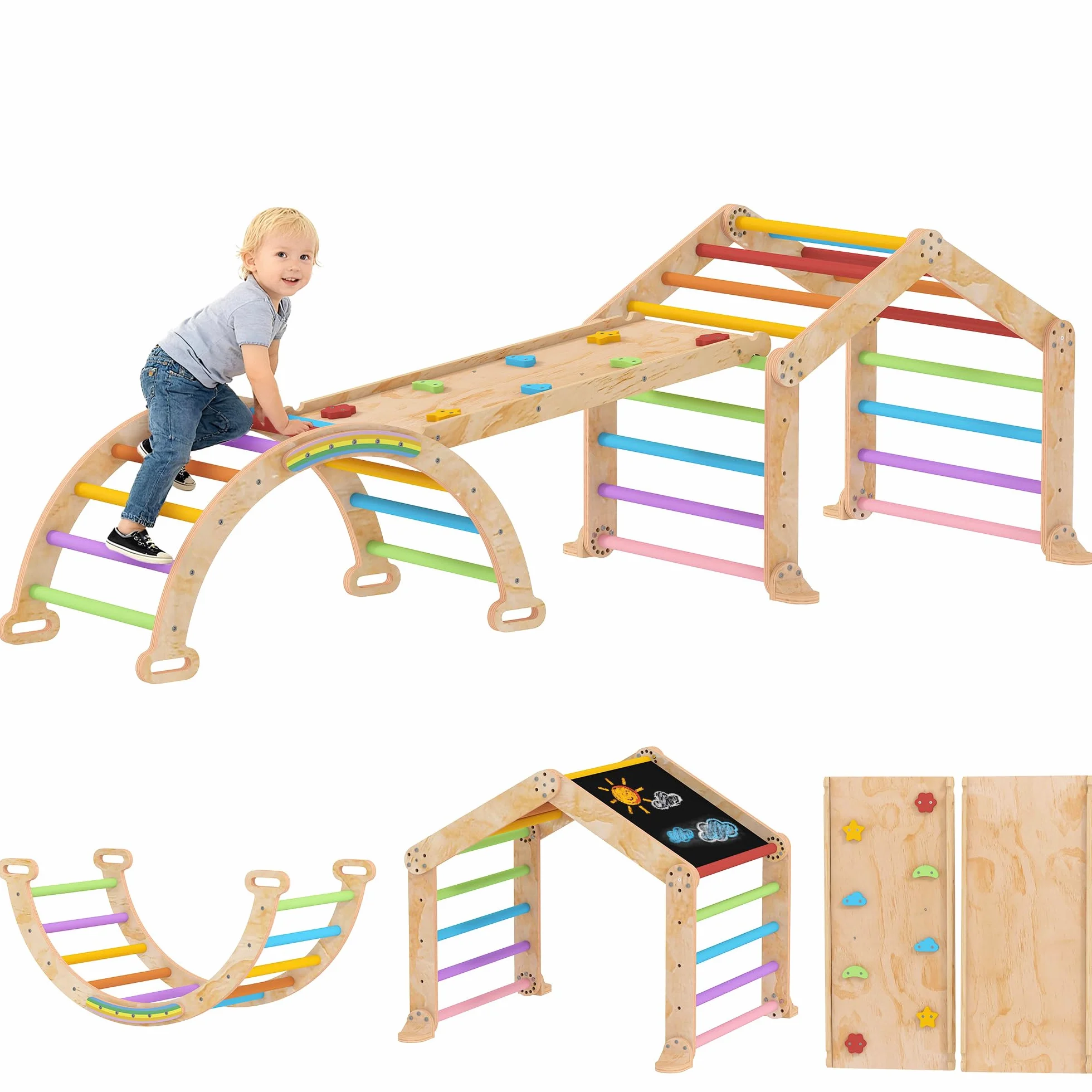 AIYAPLAY 9-in-1-Kletterdreieck für Kinder aus Holz, mit umkehrbarer Rampe, Rutsche, Wippe und Klettergerüst, max. Belastung 50 kg, für Babys von 18 bis 48 Monaten, Mehrfarbig