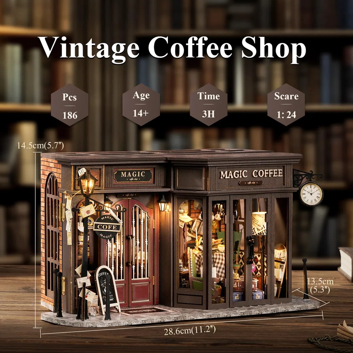 Fsolis DIY Puppenhaus aus Holz, Maßstab 1:24, Puppenhaus-Miniatur mit Möbeln und Staubschutz, handgefertigtes Handwerk, Miniatur-Puppenhaus-Set für Teenager und Erwachsene (Vintage Coffee Shop)