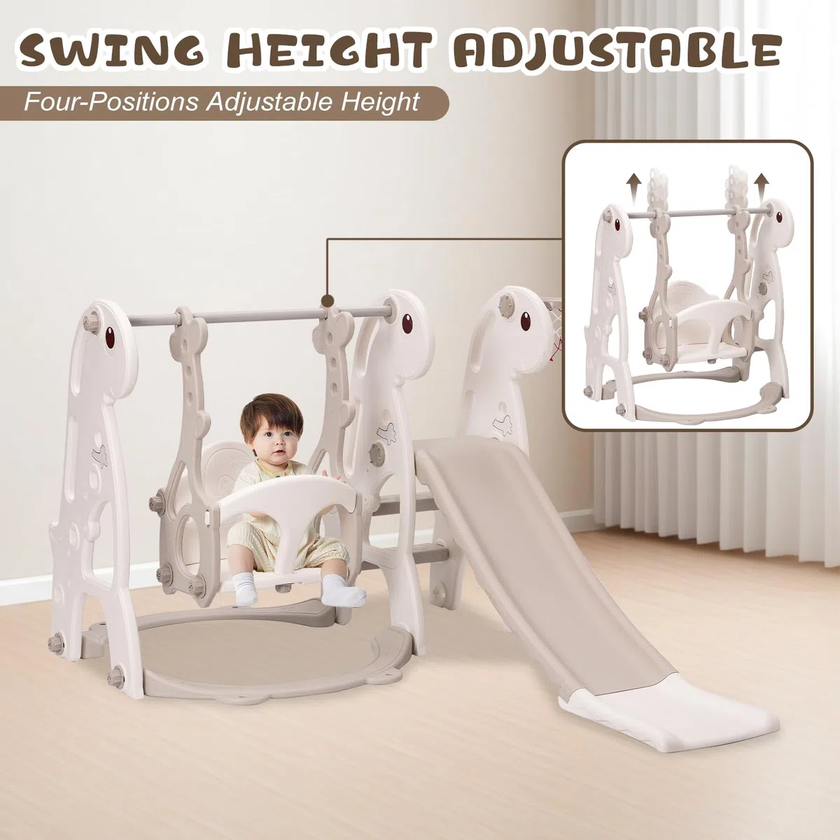 Kleinkindrutsche Set, Indoor Baby Rutsche Kletter Freistehendes Spielset mit Basketball-Reifen & Höhenverstellbare Schaukel (Grau)