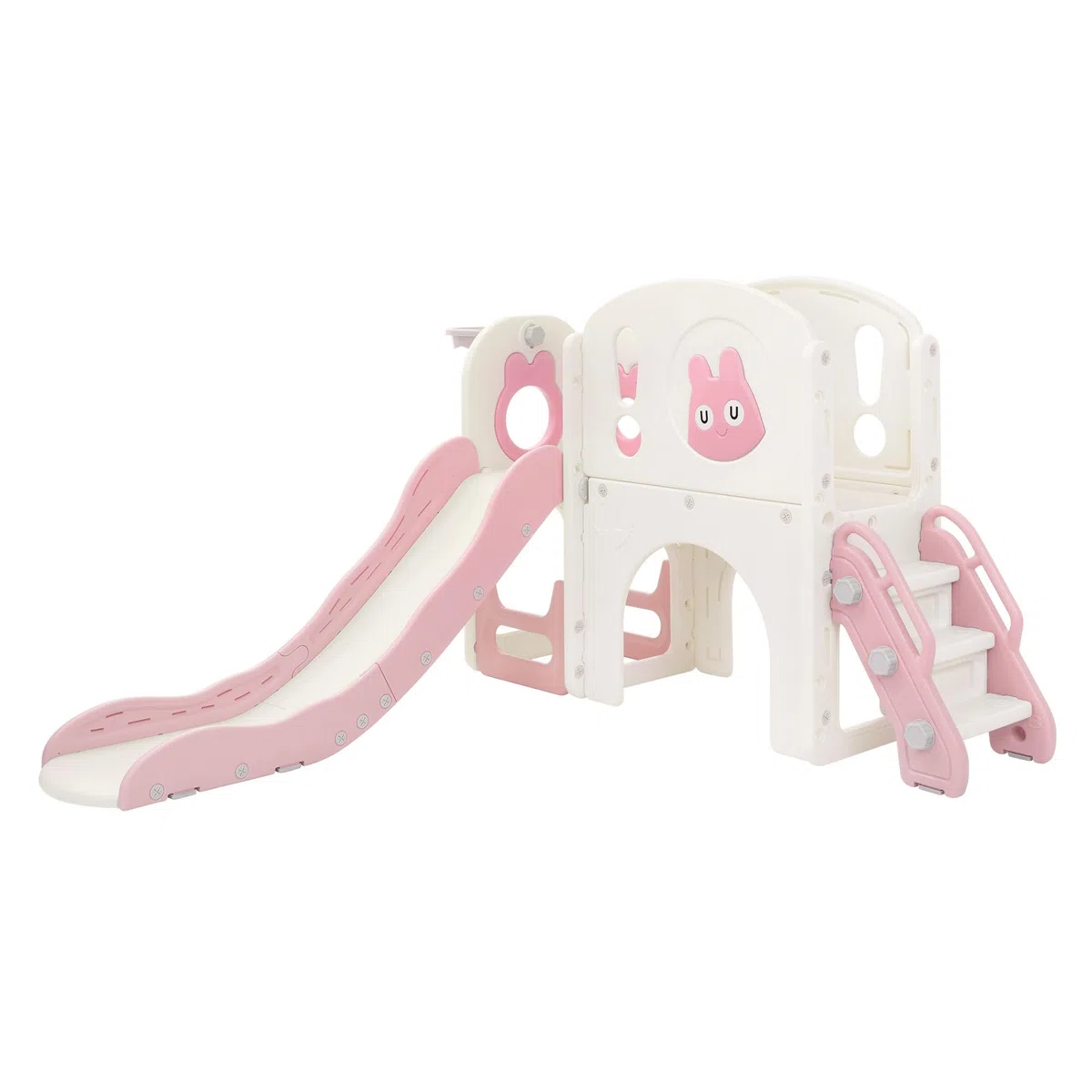 Joyz Kinderrutsche mit Spielturm, 5 in 1 Kinder Spielplatz mit Turm Rutsche Treppe Basketballkorb Teleskop, Spielset Klettergerüst, Spielzeug Indoor Outdoor Spielgerät für Kinder ab 3 Jahren, Rosa