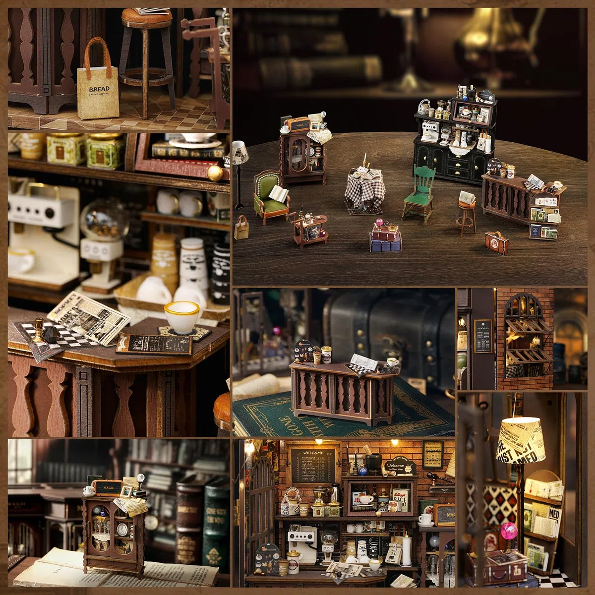 Fsolis DIY Puppenhaus aus Holz, Maßstab 1:24, Puppenhaus-Miniatur mit Möbeln und Staubschutz, handgefertigtes Handwerk, Miniatur-Puppenhaus-Set für Teenager und Erwachsene (Vintage Coffee Shop)