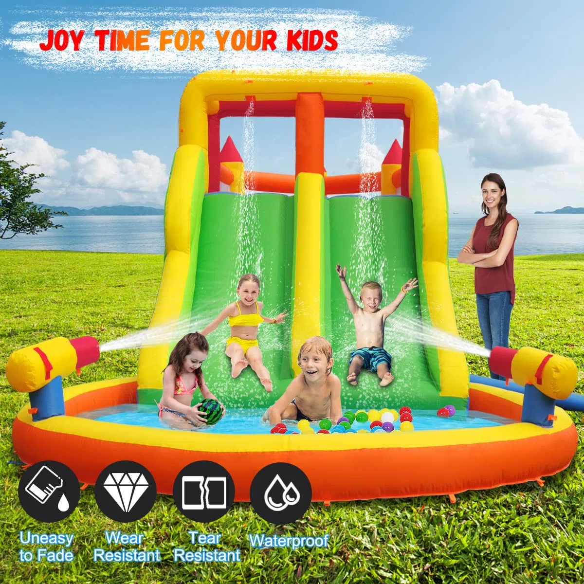 Baralir Große Aufblasbare Kinder-Hüpfburg mit Nass- und Trockenrutsche, Abenteuerspielplatz für den Garten, Hält bis zu 5 Kinder/200KG (ohne Gebläse) 6.28L x 2.93W x 1.95H m
