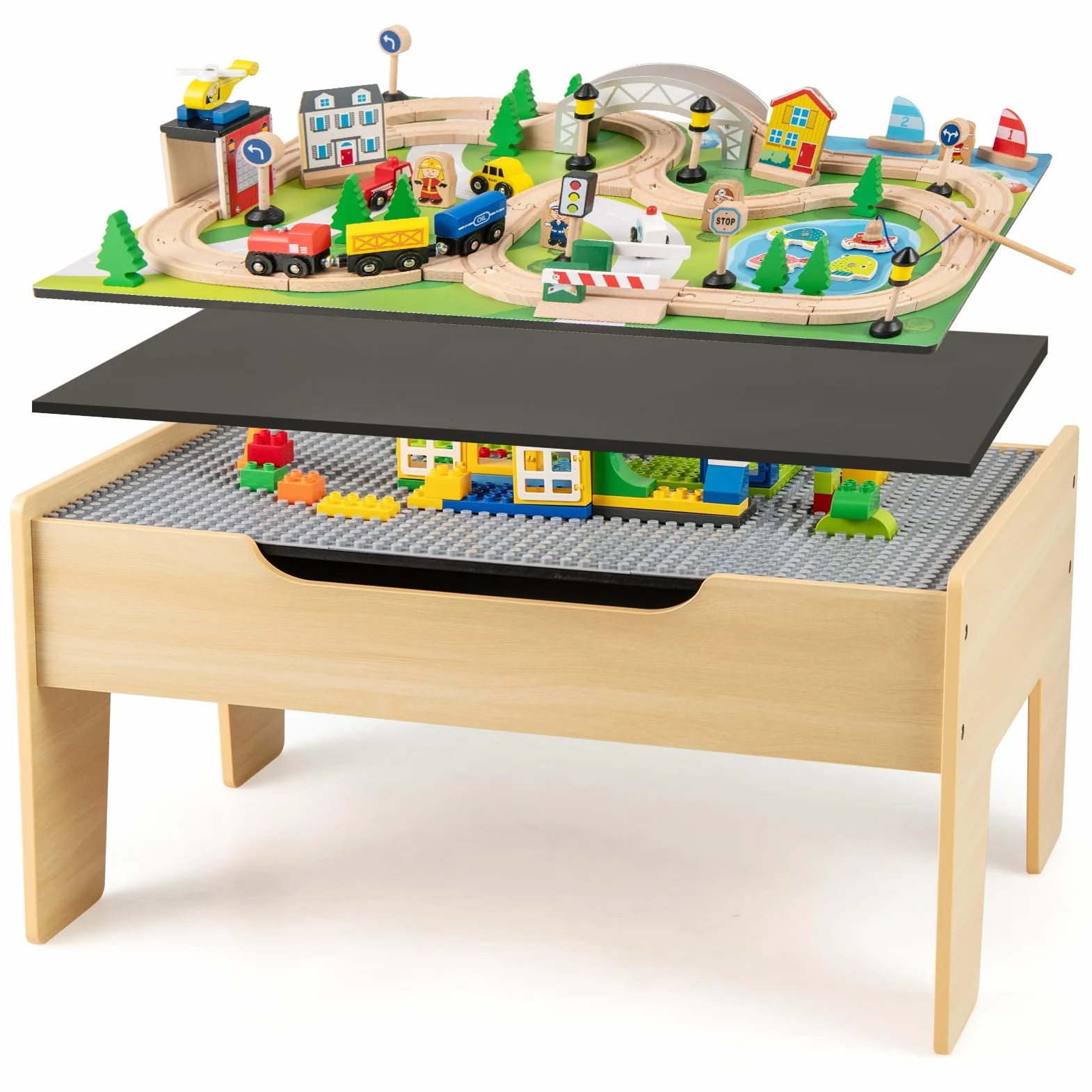 COSTWAY 78-teiliges Kinder Eisenbahn Set, 5-in-1 Holzeisenbahntisch mit umkehrbarer Tischplatte & Tafel, Spieltisch für Kinder ab 3 Jahre