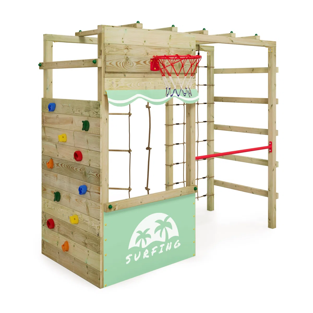 Wickey Klettergerüst Outdoor Spielturm Smart Action mit pastellgrüner Plane, Spielgerät mit Kletterwand, Basketballkorb & Spiel-Zubehör für Kinder im Garten aus Holz