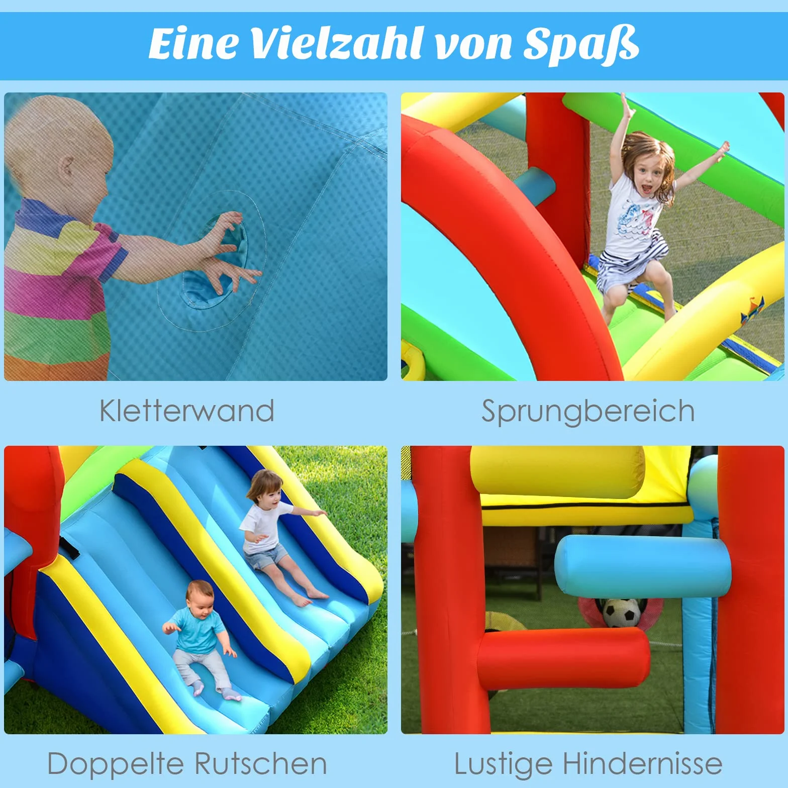 COSTWAY Hüpfburg mit Gebläse, Doppelrutschen, Sprungbereich, Kletterwand, Bällebad, Fußballtor, Basketballkorb, Zielspiel & Ringwurf, Outdoor Hüpfschloss für Kinder, 424 x 300 x 240 cm