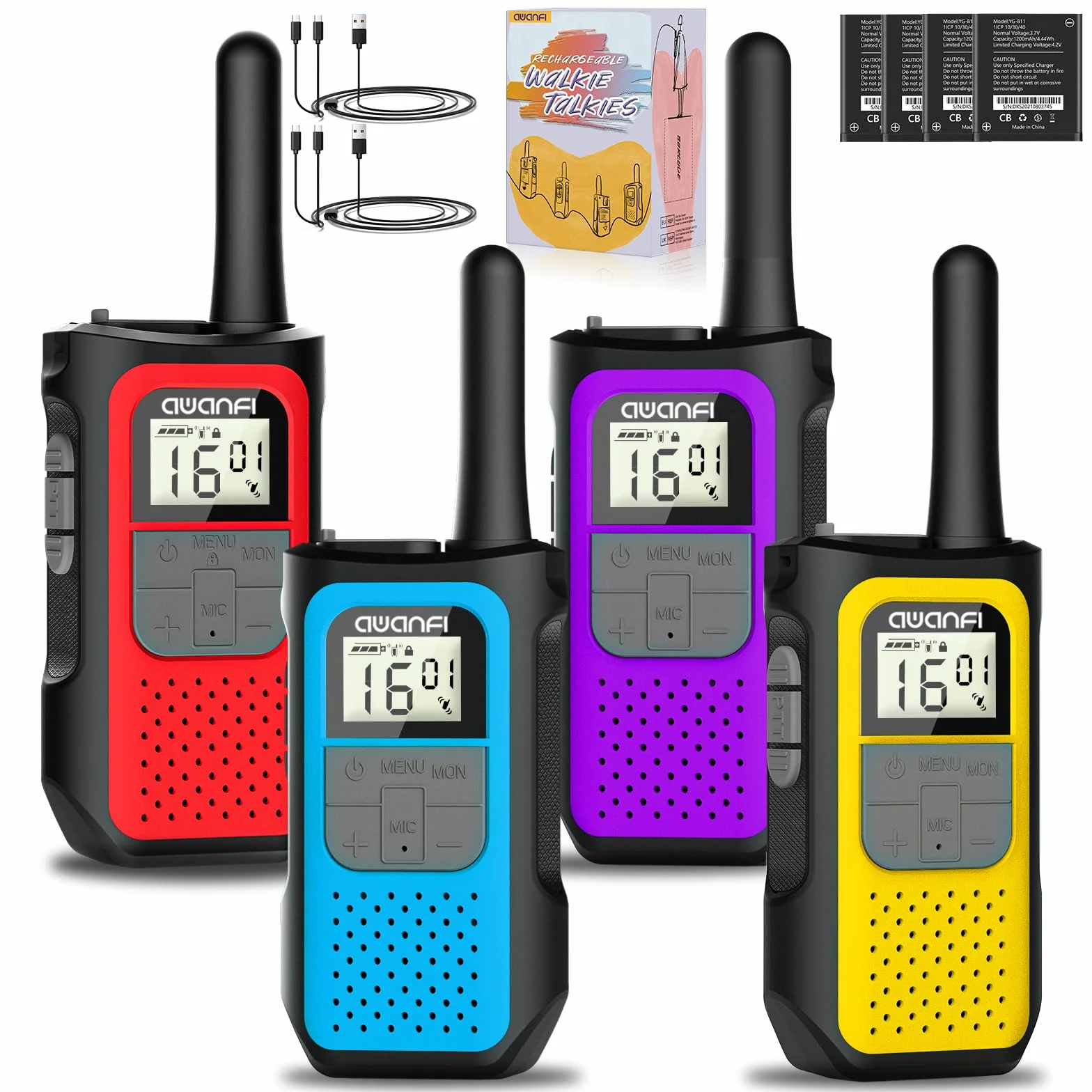 Walkie Talkie 4er Set, Walkie Talkie Aufladbar für Erwachsene Kinder, 16 Kanäle Funkgeräte Set mit 1200mAh Li-ion Akku VOX, Walki Talki für Camping Wandern Geschenk