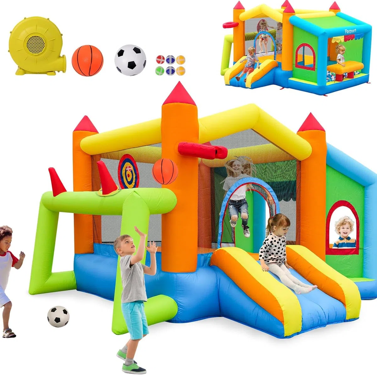 FBSPORT hüpfburg Outdoor mit gebläse hüpfburg mit Wasserrutsche Indoor, hüpfburgen Kinder Kinder Bounce Castle mit Ball Pit Pool, Basketball Reifen, Dart Spiel