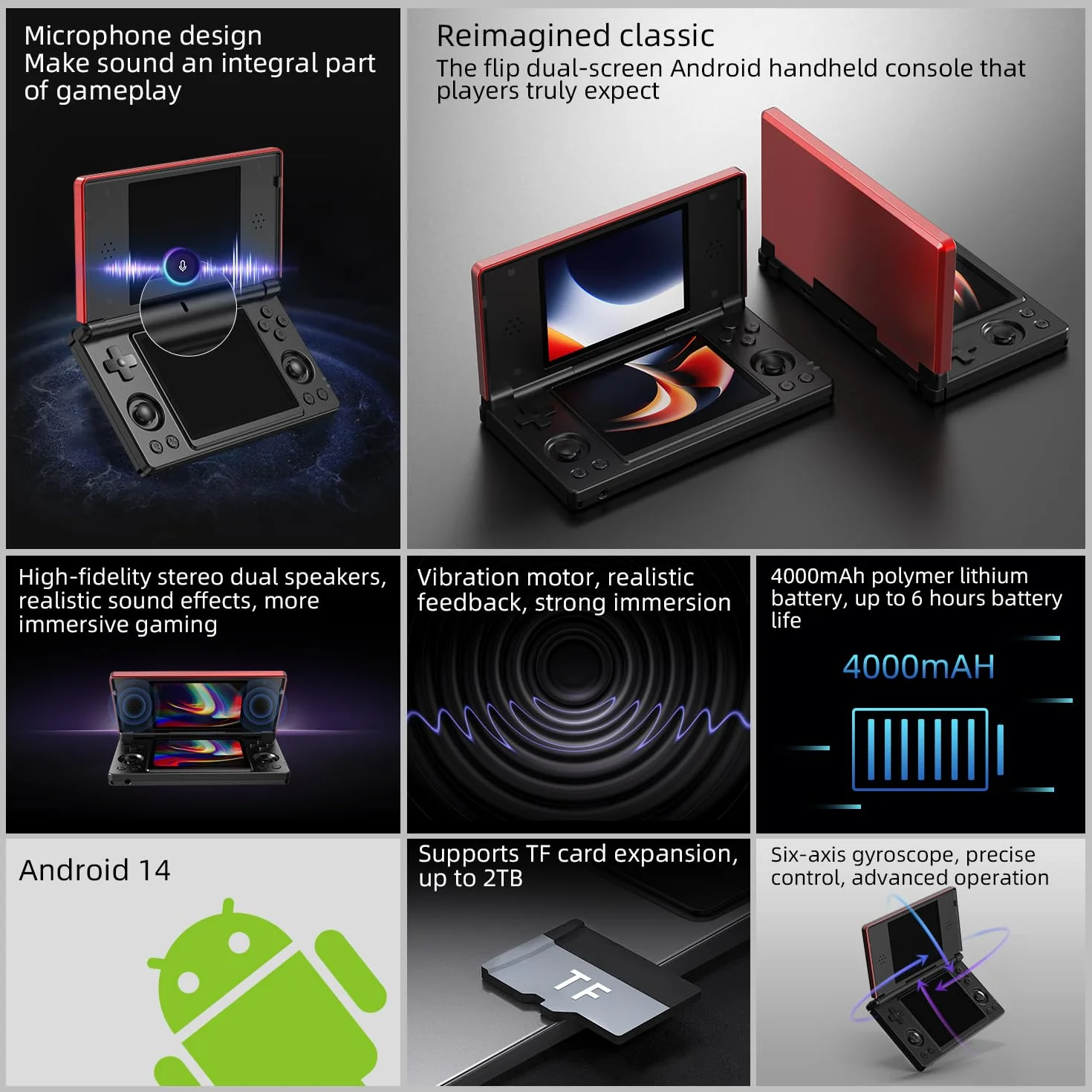 RG DS Retro Handheld Spielkonsole, 4" IPS-Klappdisplay Zwei Bildschirmen Android 14 System Videospielkonsole mit Hall Switch & Stiftbedienung, Geschenk für Gaming Fans (RG DS-Rot-Schwarz-Neu)