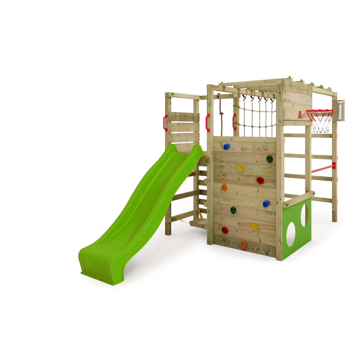 FATMOOSE Spielturm Klettergerüst ActionArena Air mit apfelgrüner Rutsche, Outdoor Kinder Kletterturm mit Leiter, Basketballkorb & Spiel-Zubehör für den Garten