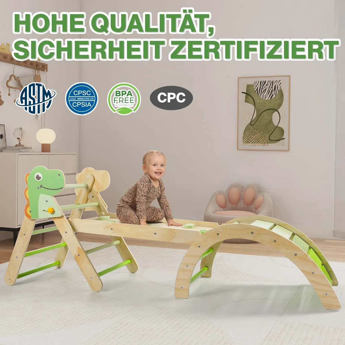 7-in-1 Montessori Kletterdreieck Set mit Rutsche, Kletterbogen & weichem Kissen – Holz Klettergerüst für Babys & Kleinkinder, Indoor Spielgerät, faltbar & sicher (Dinosaur)