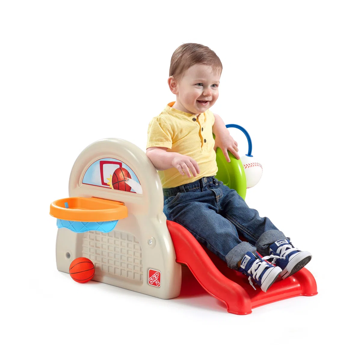 Step2 Sports-Tastic Activity Center Spielgerät mit Rutsche und vielen Spielmöglichkeiten | Kinderrutsche, Basketballkorb, Baseball & Schläger aus Kunststoff