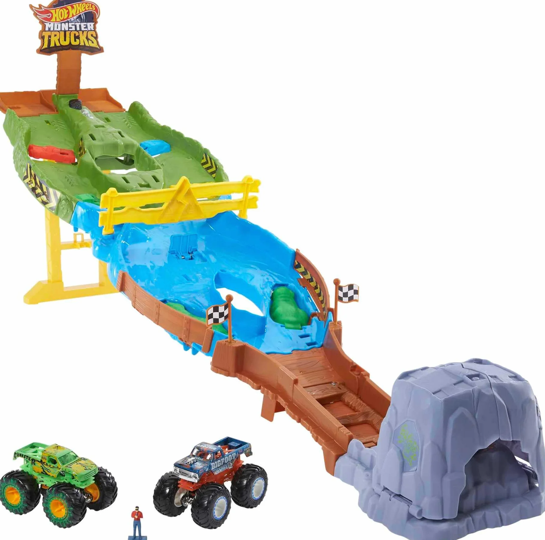 Hot Wheels HJG32 - Monster Trucks Rennstrecke Spielset mit den Monster Trucks Bigfoot und Gunkster für Kopf-an-Kopf-Rennen, Autospielzeuge für Kinder ab 4 Jahren