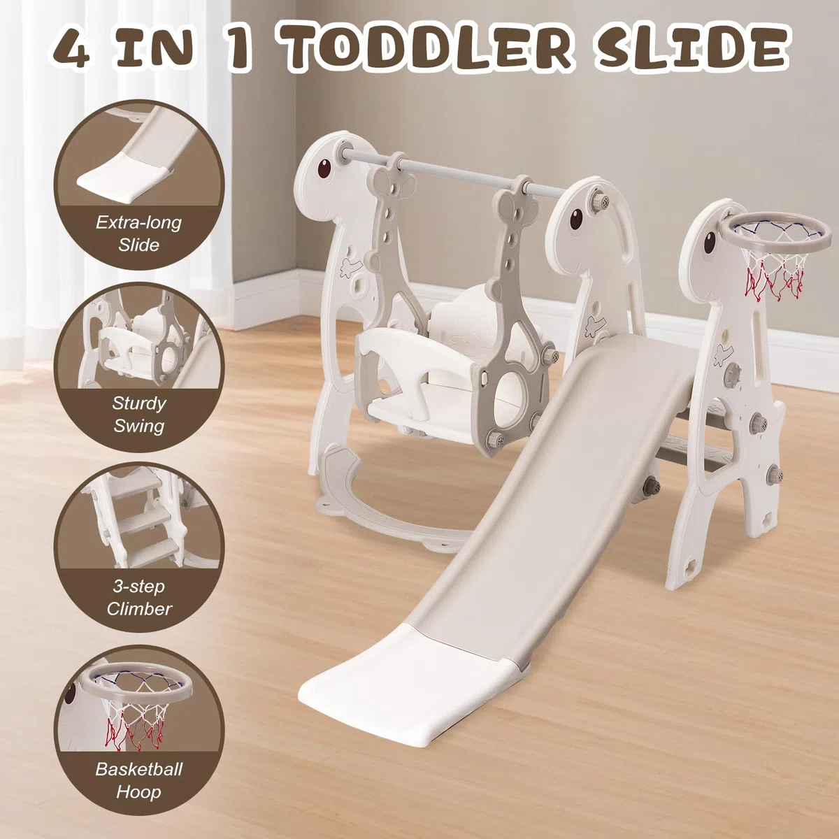 Kleinkindrutsche Set, Indoor Baby Rutsche Kletter Freistehendes Spielset mit Basketball-Reifen & Höhenverstellbare Schaukel (Grau)