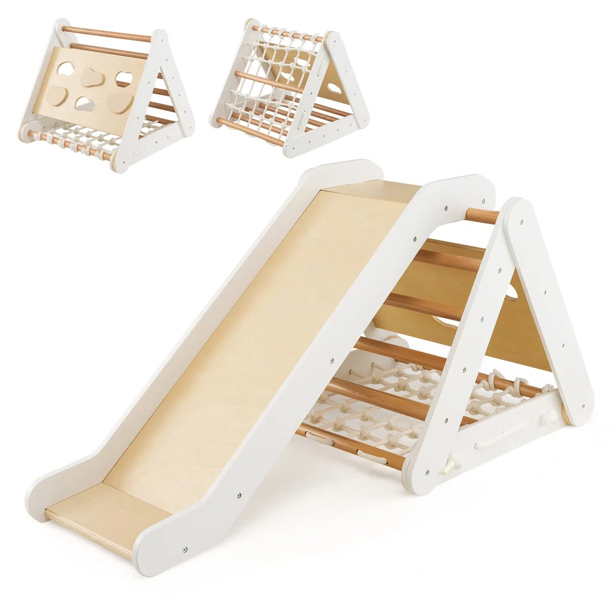 COSTWAY 4 in 1 Kletterdreieck mit Rutsche, Klettergerüst aus Holz, Sprossendreieck zum Rutschen und Klettern, für Kinder ab 1 Jahre (Weiß+Natur)