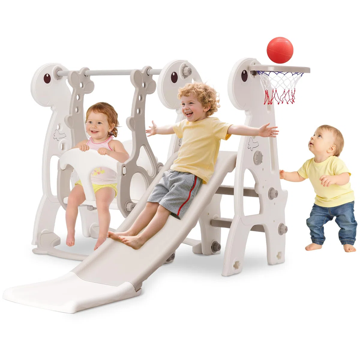 Kleinkindrutsche Set, Indoor Baby Rutsche Kletter Freistehendes Spielset mit Basketball-Reifen & Höhenverstellbare Schaukel (Grau)