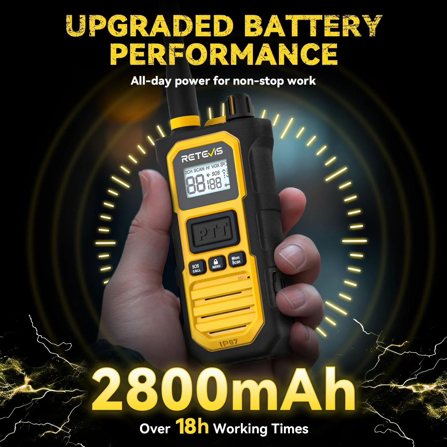 Retevis RB648 Pro Robustes Walkie Talkies, IP67 Wasserdicht, Hohe Leistung 2800 mAh, Gruppenruf, VOX, Intelligentes Audio, Handfunkgeräte mit großer reichweite für Baustellen (4 Stück, Gelb)