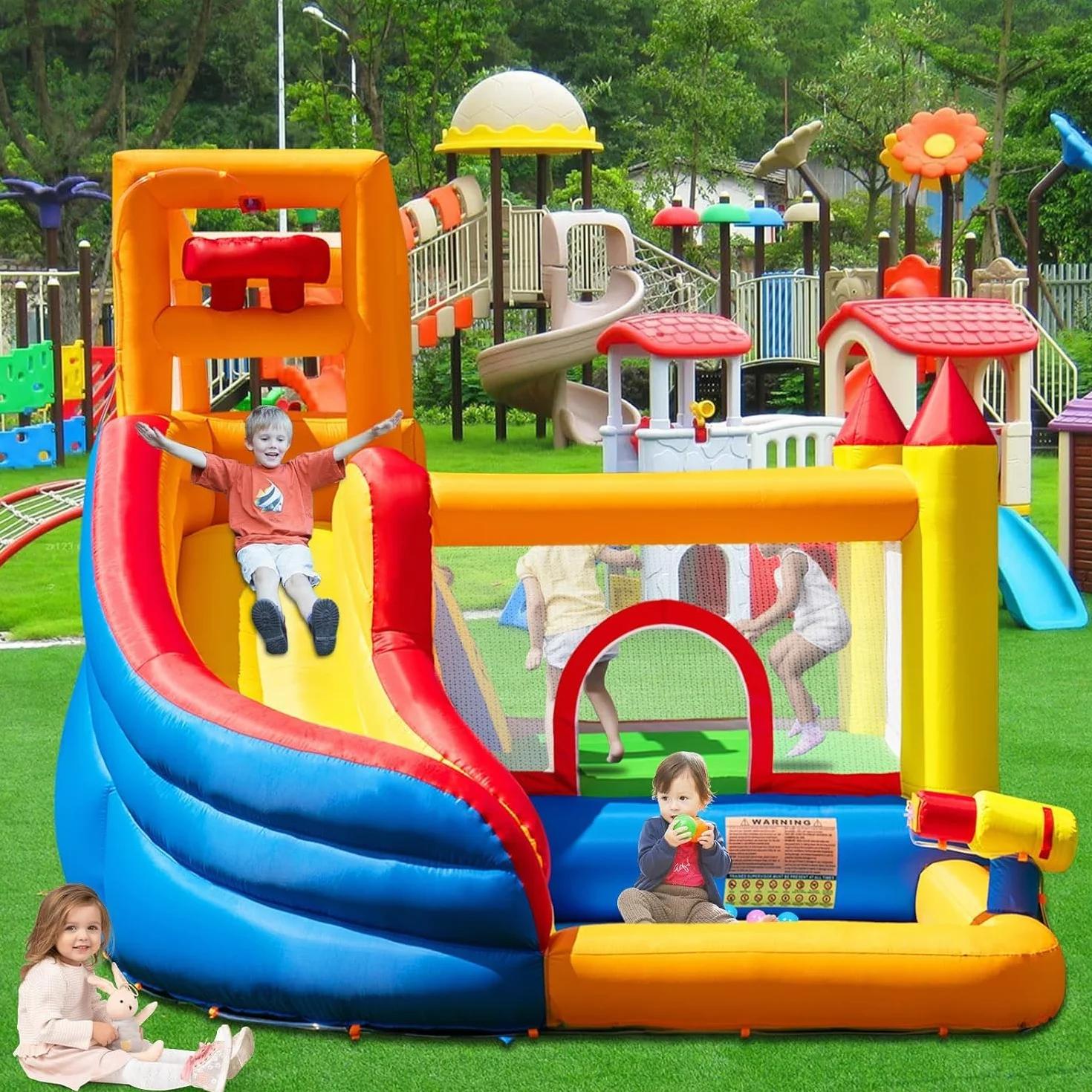 Ballsea Große Hüpfburg mit Gebläse, Trocken-/Wasserrutsche, geeignet für Kinder von 3 bis 10 Jahren, Children's Bouncy Castle for Indoor or Outdoor use 320 x 280 x 232 cm