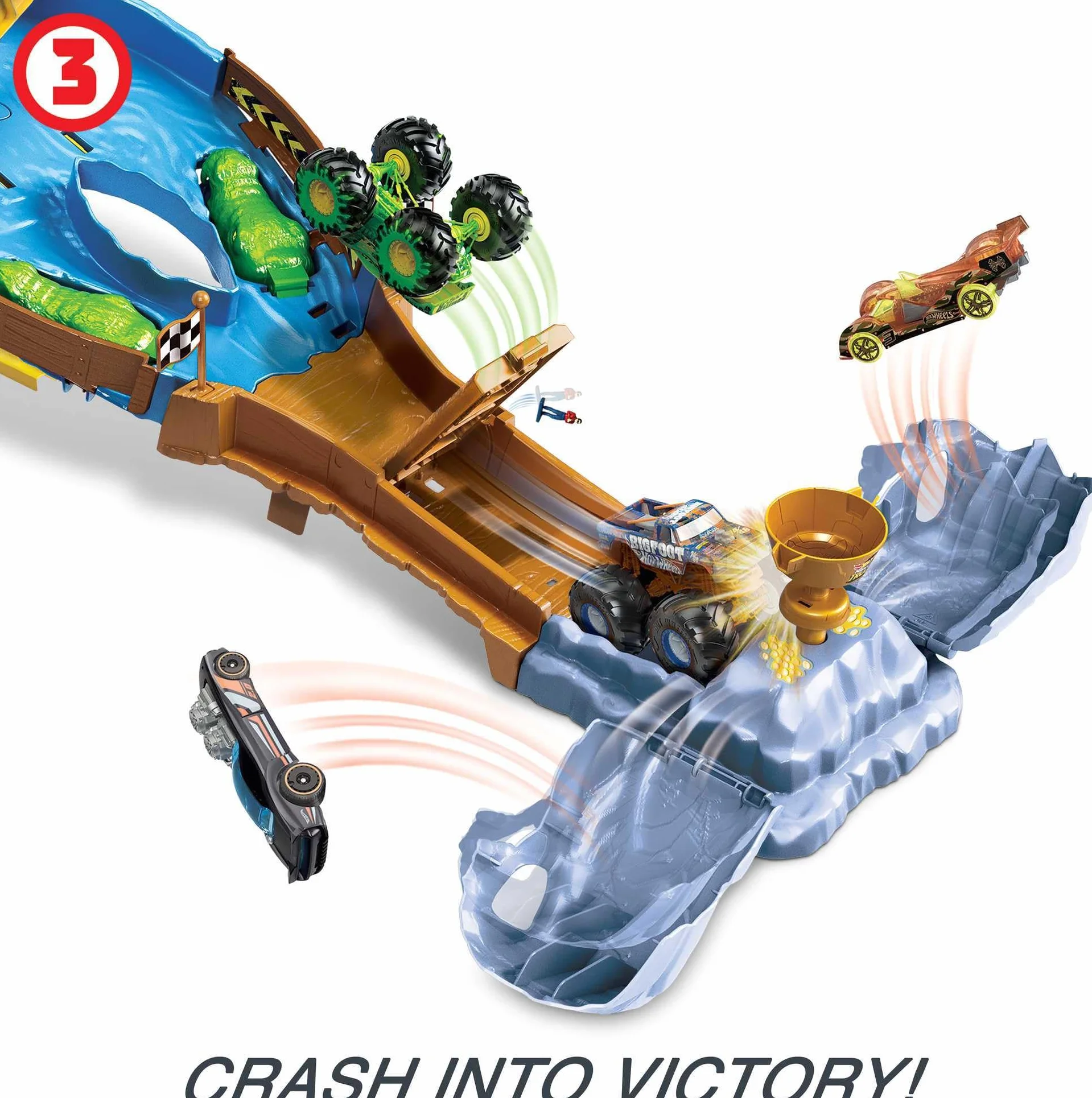 Hot Wheels HJG32 - Monster Trucks Rennstrecke Spielset mit den Monster Trucks Bigfoot und Gunkster für Kopf-an-Kopf-Rennen, Autospielzeuge für Kinder ab 4 Jahren