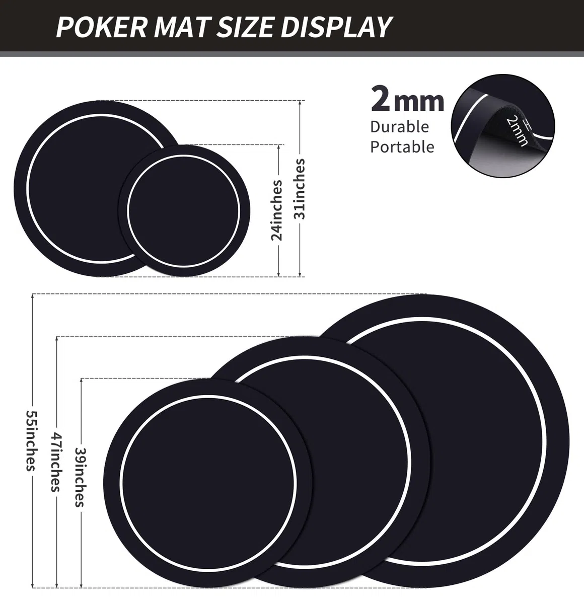 Texas Holdem Pokermatte 60/80/100/120/140cm Rund Tragbarer Pokertisch Pokerteppich Deco Layout Druck für 8 Spieler Spiellayout-Matte