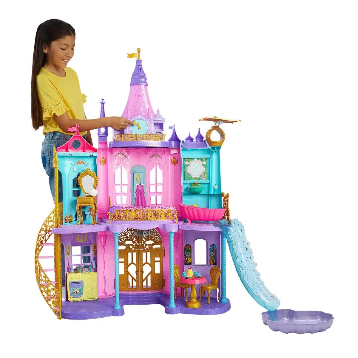 Mattel Disney Prinzessin Puppenhaus, Magisches Schloss, 3 Etagen, 10 Spielbereiche, mit Licht und Geräuscheffekten, inkl. 28 Zubehörteilen, Disney Geschenke, Spielzeug ab 3 Jahre, HLW29