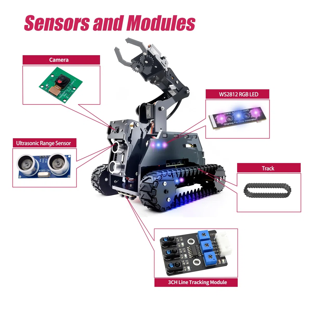 Adeept RaspTank Smart Robot Car Kit for Raspberry Pi 5/4/3B/3B+(Board Not Included),Tank Tracked Robot with 4-DOF Robotic Arm,Obstacle Avoidance,Line Tracking,USB-C Charging,with Digital Tutorials