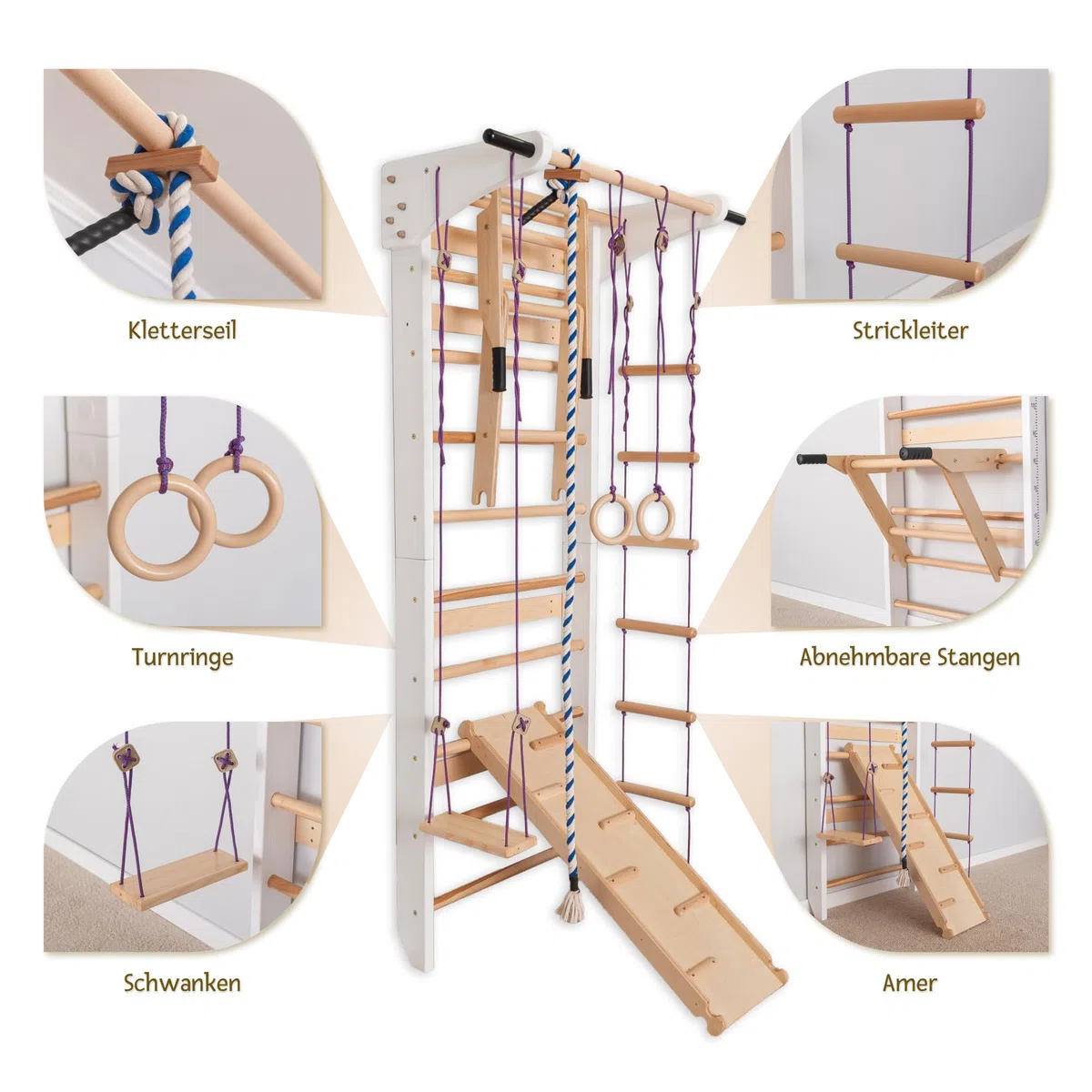 Sprossenwand Holz mit Rutsche & Schaukel - Indoor Klettergerüst für Kinder & Erwachsene - Turnwand mit Kletterbrett & Zubehör - Massiv bis 150kg (Weiß)