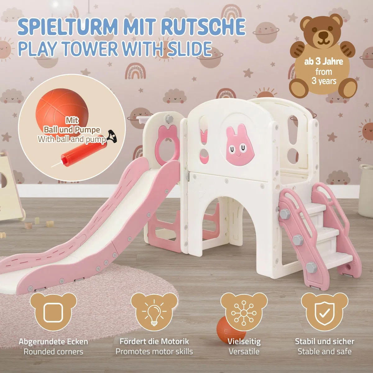 Joyz Kinderrutsche mit Spielturm, 5 in 1 Kinder Spielplatz mit Turm Rutsche Treppe Basketballkorb Teleskop, Spielset Klettergerüst, Spielzeug Indoor Outdoor Spielgerät für Kinder ab 3 Jahren, Rosa