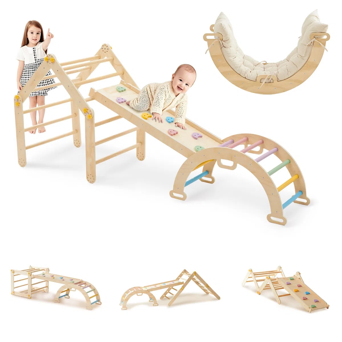 7-in-1 Montessori Klettergerüst Indoor ab 1 Jahr - Kletterdreieck mit Rutsche, Kletterbogen mit Kissen, Pikler Dreieck Baby Klettern Indoor Spielplatz Holz für Kinder und Kleinkinder