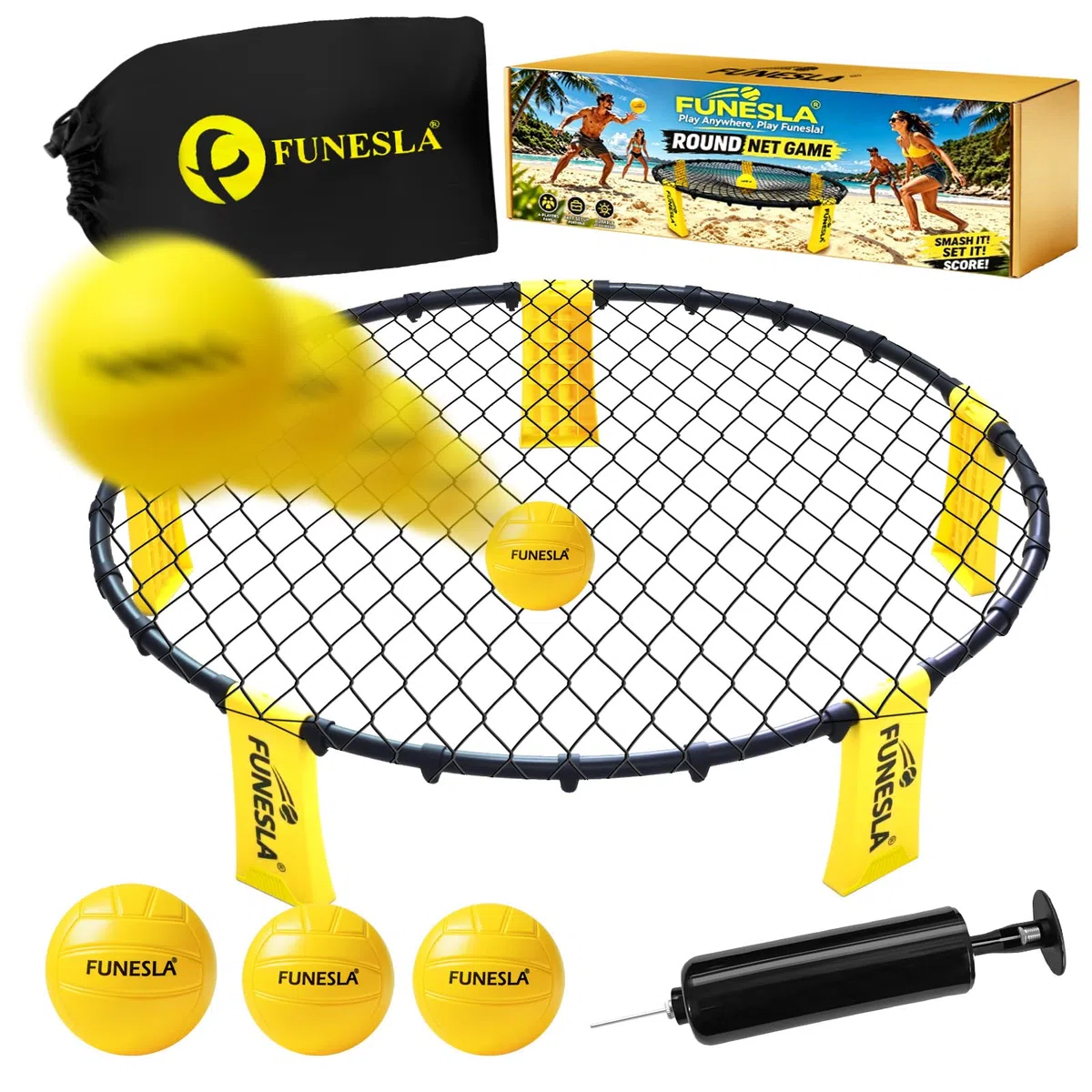 Roundnet Set mit Tasche für Strand & Garten, Outdoorspiel, 3 Bälle, Luftpumpe