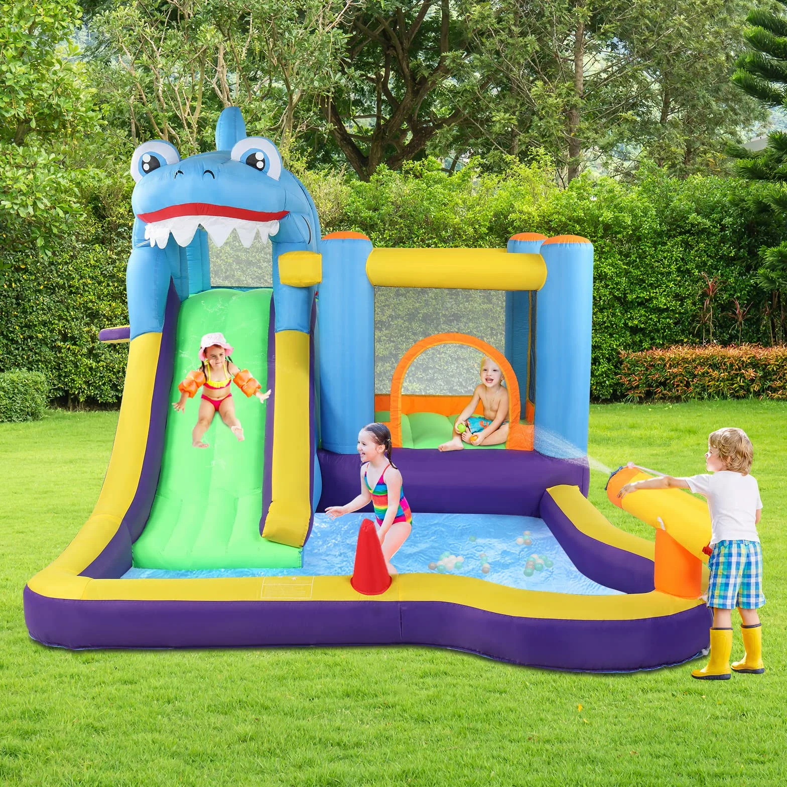 LEADZM Hüpfburg mit Gebläse, Aufblasbare Wasserpark mit Hai-Thema, mit Trampolin, Rutsche, Schwimmbecken, Wasserpistole, Geeignet für 3 Kinder im Alter von 3 bis 10 Jahren, 380x260x240 cm