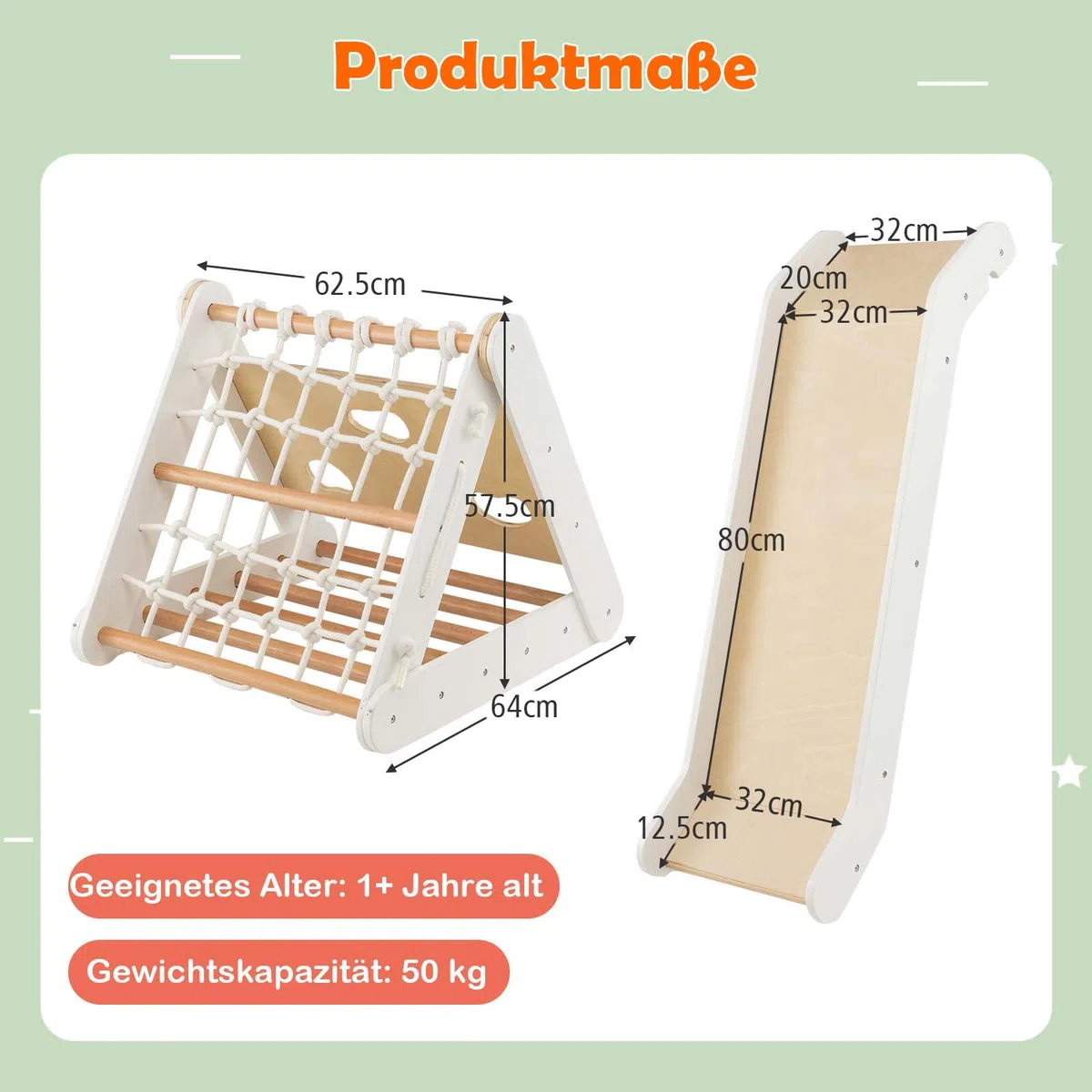 COSTWAY 4 in 1 Kletterdreieck mit Rutsche, Klettergerüst aus Holz, Sprossendreieck zum Rutschen und Klettern, für Kinder ab 1 Jahre (Weiß+Natur)
