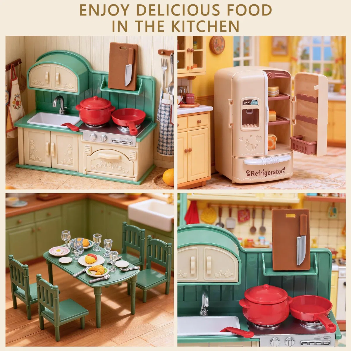 Koffer Dollhouse Tragbares Puppenhaus Möbel Zubehör DIY Miniatur Haus mit 2 Flexible Puppen, Klavier, Schlafzimmer Möbel Rollenspiel Geschenk Spielzeug für Kinder Mädchen Jungen ab 3+ (Küche)